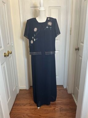 Studio I Elegant Navy Beaded 2 Pc Dress Set Size 14 Formal Wedding
